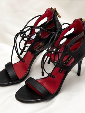Charles Jourdan Black Lace-Up Stiletto Sandals with Red Insole
